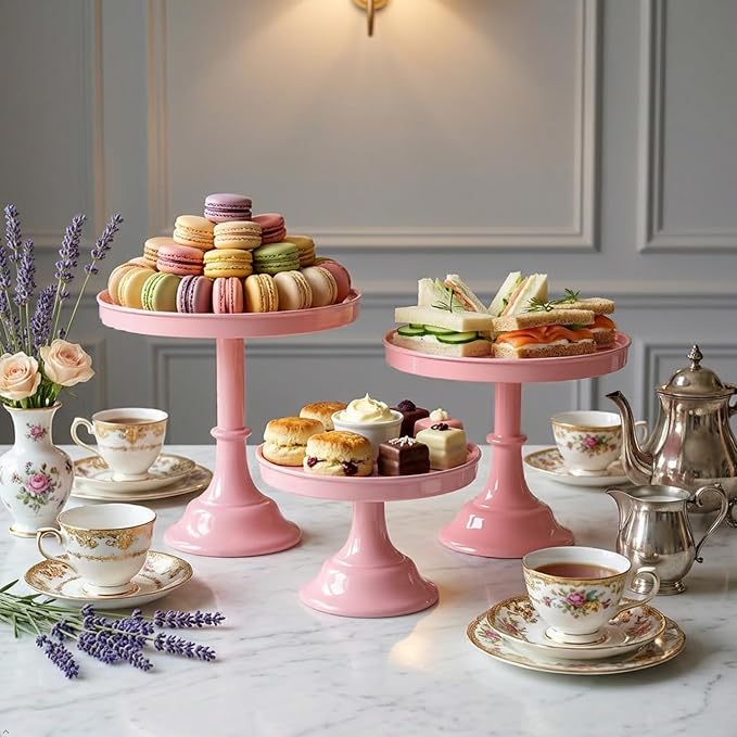 3 Pcs Metal Round Cake Stand Set 8“10”12" Cake Display Stand Dessert Cupcake Display Tray for Graduation,Wedding,Birthday,Party,Baby Shower,Anniversary,Ceremony,Christmas (Pink)