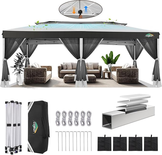 COBIZI 10x20 Pop up Gazebo, One-Push Setup Canopy Tent with Mosquito Netting & Vented Roof Design, Upgrade Metal Easy up Canopy Carpa Outdoor Gazebos for Backyard Camping Deck Party(White & Gray)