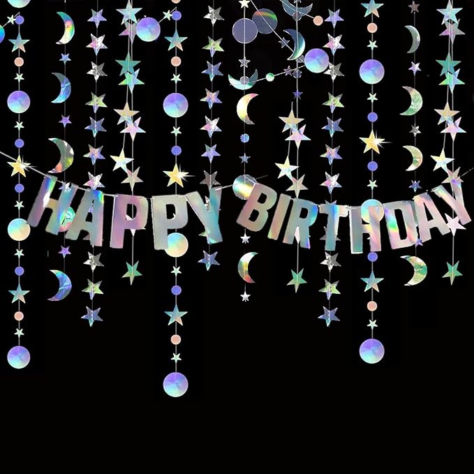 Star Moon Circle Dot Garland Party Decoration Kit, Holographic Party Decorations Hanging Stars Streamer Backdrop Crescent Garlands Happy Birthday Banner Backdrop for Birthday Wedding