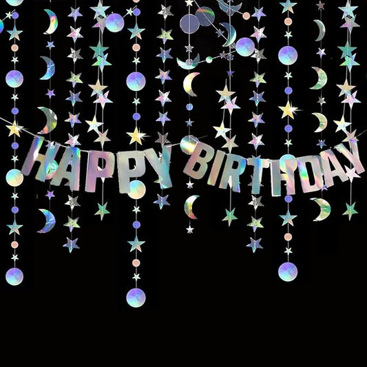 Star Moon Circle Dot Garland Party Decoration Kit, Holographic Party Decorations Hanging Stars Streamer Backdrop Crescent Garlands Happy Birthday Banner Backdrop for Birthday Wedding