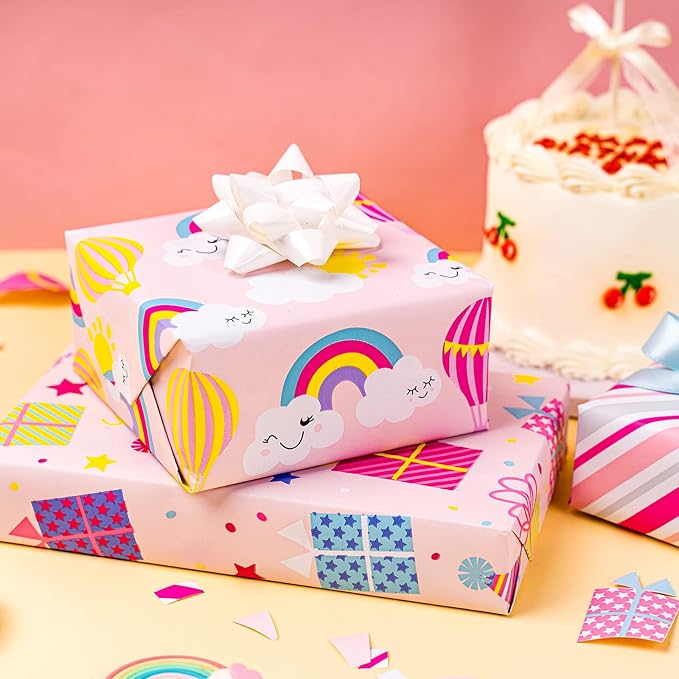WRAPAHOLIC Birthday Wrapping Paper Roll - Mini Roll - 3 Rolls - 17 Inch X 120 Inch Per Roll - Pink Rainbow, Birthday Gift Boxes, Stripes for Kid's Birthday, Baby Shower