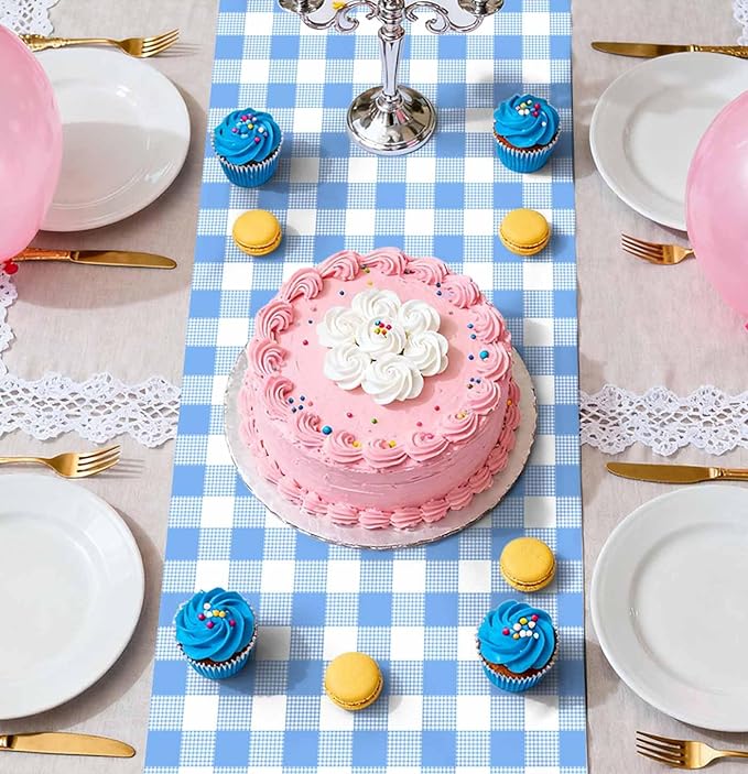 12 Pcs Light Blue and White Checkered Table Runner Plastic 14 x 108 Disposable Baby Blue Gingham Table Runner for Birthday Wedding Baby Shower Party Table Centerpiece Decorations