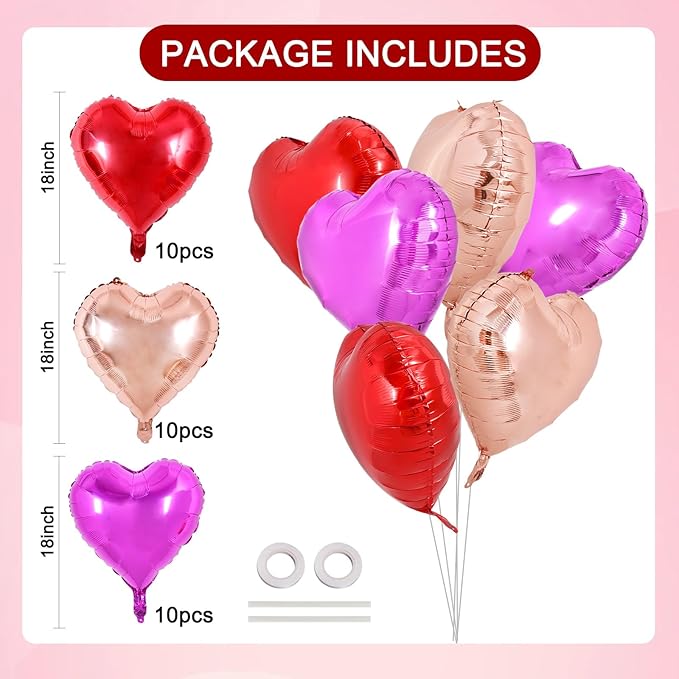 TONIFUL 30Pcs 18 Inch Heart Balloons Red Hot Pink Rose Gold Valentine’s Day Heart Shape Foil Mylar Balloons Decoration for Valentine's Day Wedding Bridal Shower Anniversary Engagement Party Supplies