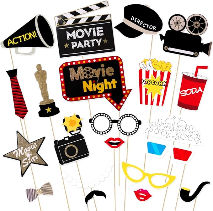 21Pcs Photo Booth Props for Movie Night Themed Party Supplies Photobooth Kit for Birthday, Wedding, Graduation, Bachelorette Party Decorations