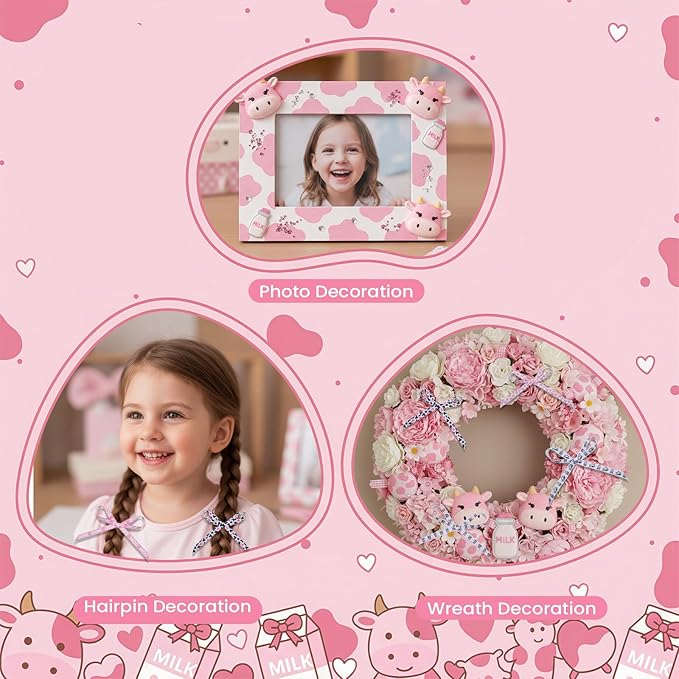 6 Roll Cow Print Ribbons, 3/8 Inch x 30 Yard Pink White Cow Spot Ribbon, Gift Wrap Grosgrain Ribbons, Animal Print Craft Ribbon for Farm Party Favor Christmas Wreath Bow DIY Craft Decor