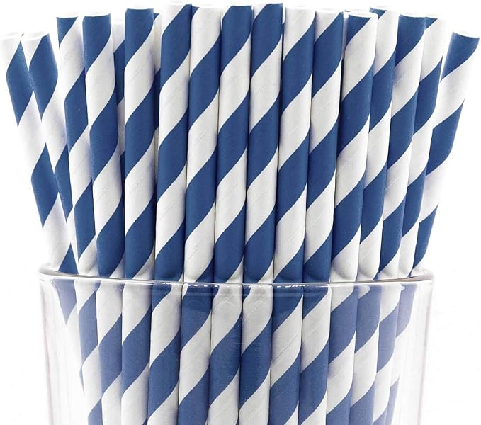 Pack of 150 Navy Blue Swirls Biodegradable 4-Ply Paper Drinking Straws (Compostable, Non-toxic, BPA-free)