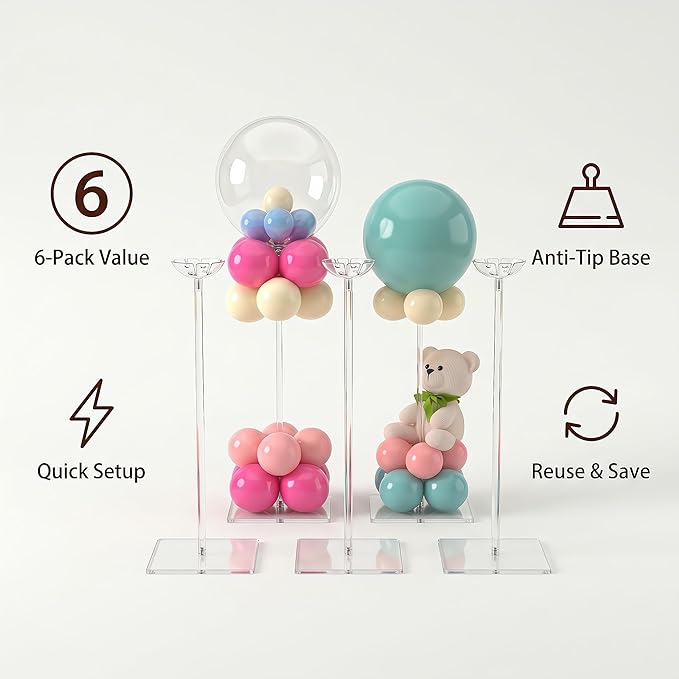 12 Pack Balloon Centerpieces for Table, 15.75 Inch Clear Acrylic Balloon Stand Kit and Stick Holder with Base, Reusable Tabletop Display for Centerpieces and Party Decorations