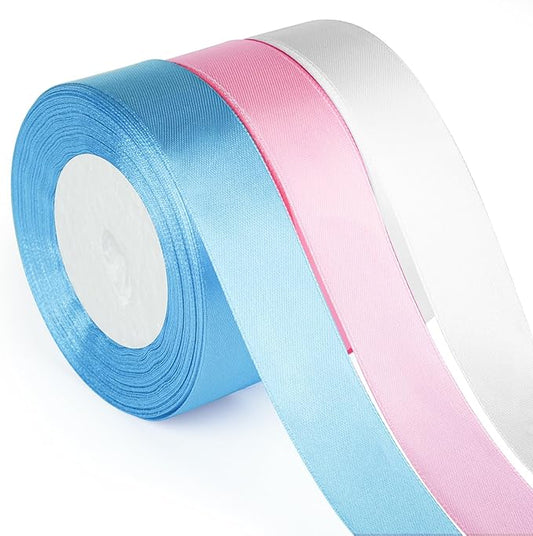 ASTARON Satin Ribbon for Crafts 1 Inch, Pink Blue Solid Color Fabric Ribbon for Gifts Bouquets Wrapping DIY Hair Bows Birthday Wedding Baby Shower Gender Reveal Party Decorations