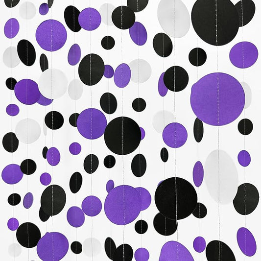 46Ft Purple Black Circle Dots Garlands Black Purple and White Polka Dot Hanging Paper Streamer Banners for Birthday Graduation Wedding Bridal Shower Baby Shower Halloween Party Decorations Supplies