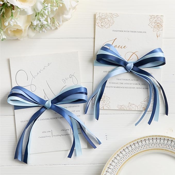 3/8 Inch Dusty Blue Satin Ribbon, 4 Rolls Total 40 Yards, Double Faced Mixed Blue Thin Fabric Ribbon for Gift Wrapping, Flower Bouquets, Crafts, Wedding, Father's Day Decorations