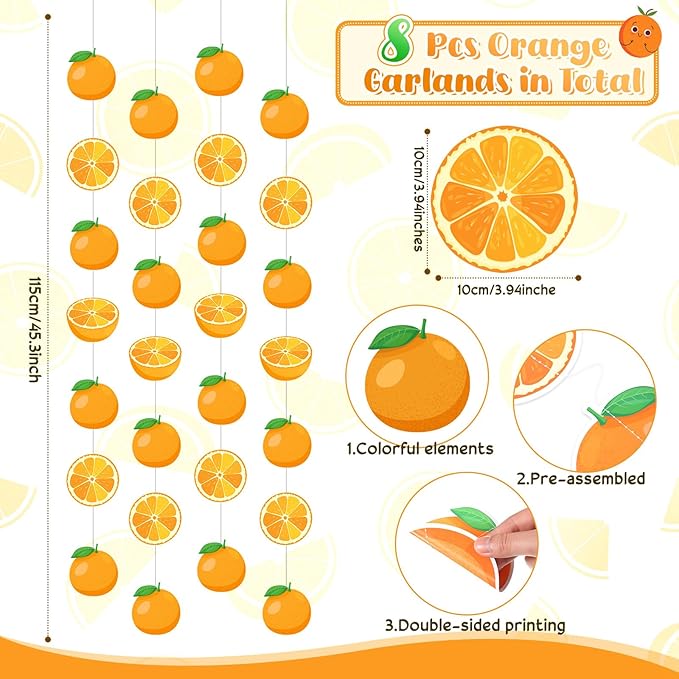 Daifunli 8 Pcs Orange Party Decorations Citrus Slice Birthday Hanging Garlands Banner Tangerine Paper Cutouts Streamer for Little Cutie Orange Baby Shower Wall Ceiling Spritz Decor Supplies