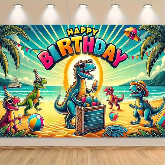 Tropical Happy Birthday Party Banner 71x43 Inch, Fun Design with Colorful Balloons and Palm Trees, Perfect for Summer Parties and Outdoor Photo Backdrops