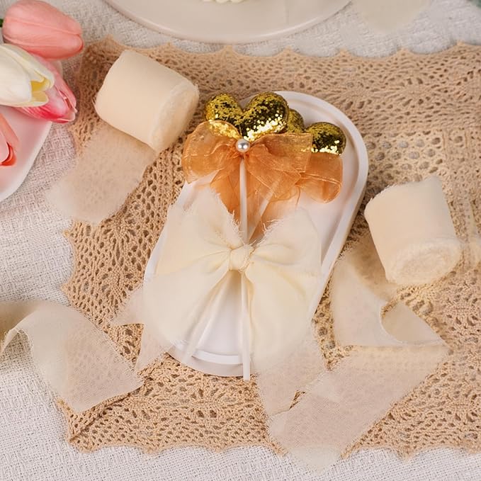 Chiffon Ribbon, Ivory Silk Ribbons, Cream Beige Party Supply, 1.5''x21Yd Handmade Frayed Fringe Ribbon for Wrapping, Floral Vase Decor, for Crafts, Birthday, Wedding, Engagement, 3 Rolls