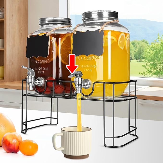 1 Gallon Glass Beverage Dispenser Jars, Ice Juice Dispenser with Leak Proof Faucet and Metal Stand for Parties & Wedding (2 Pack Jars）
