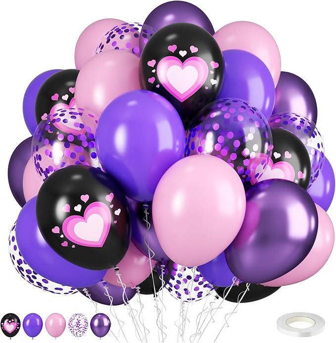 Pink Purple Black Balloons, 50PCS 12 Inch Black Macaron Metallic Purple Pink Birthday Heart Printed Balloons for Princess Theme Birthday Decorations Baby Shower Party
