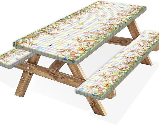 Easter Picnic Table Cover with Bench Covers, Camping Essentials, Easter Buffalo Plaid Bunny Eggs Flowers Outdoor Table Covers, Waterproof, Fitted Tablecloth Cover with Elastic Edge, 3 PCS, 30x96 Inch