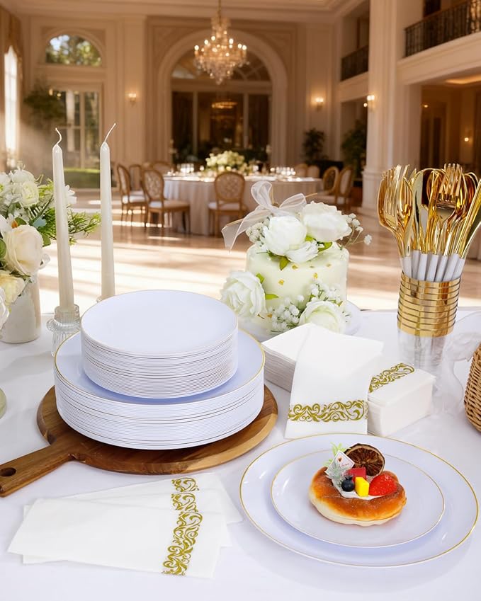 Supernal Elegant White and Gold Plastic Dinnerware Set ??Premium Heavy-Duty Disposable Plates & Gold Plastic Silverware for Weddings, Outdoor Parties & Birthdays (Serves 30)