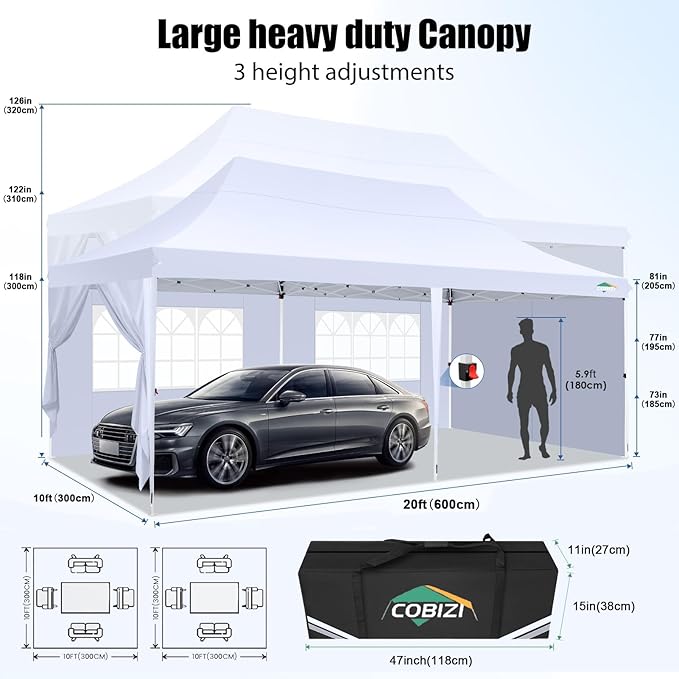 COBIZI 10x20 Pop Up Canopy with 6 Sidewall, Commercial Canopy UPF 50+ Waterproof Outdoor Gazebo with Carry Bag, Tents for Parties with Upgrade Frame, 3 Height Adjustable, Arctic White