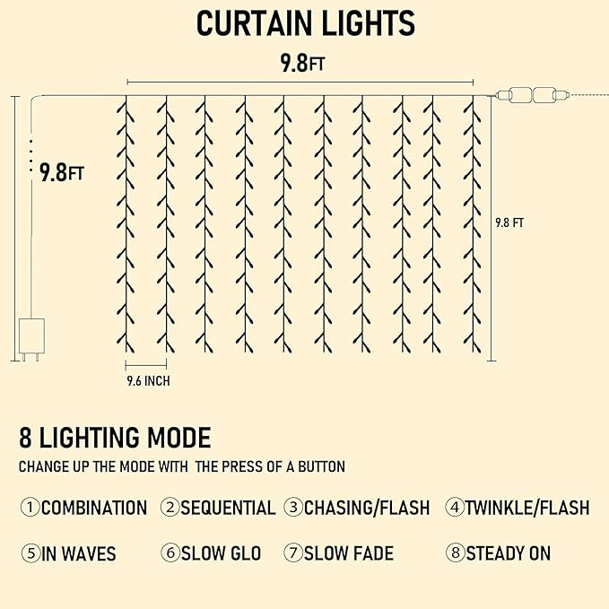 Dazzle Bright 300 LED Curtain String Lights, Christmas Fairy Lights for Bedroom with 8 Lighting Modes, Connectable Waterproof Window Lights Party Wedding Garden Wall Decor, White
