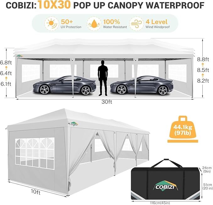 COBIZI 10x30 Pop up Canopy Tent for Parties with 8 Removable Sidewalls, Waterproof UPF 50+ Commercial Event Tent, Protable Outdoor Canopy with 4 Sandbags for Wedding, Backyard(10x30FT, White)