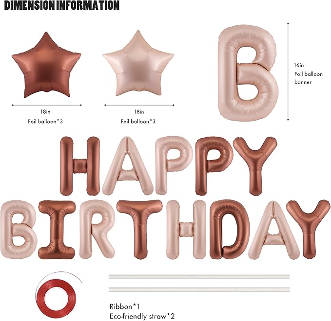 CANREVEL Happy Birthday Banner 13pcs 16 Inch Mylar Foil Letters with 6pcs Star Balloons Birthday Party Decorations for Kids and Adults - 3D Caramel chocolate