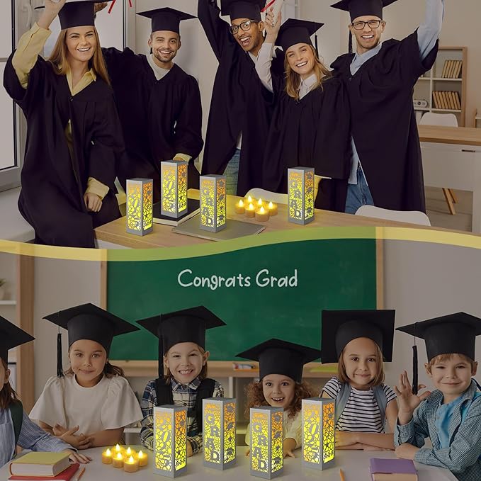 Rossesay 12 Pcs Graduation Table Centerpieces Boxes Class of 2026 Graduation Lanterns for Centerpieces with LED Candles Congrats Grad School College Photo Props for Party Table Decoration (Silver)