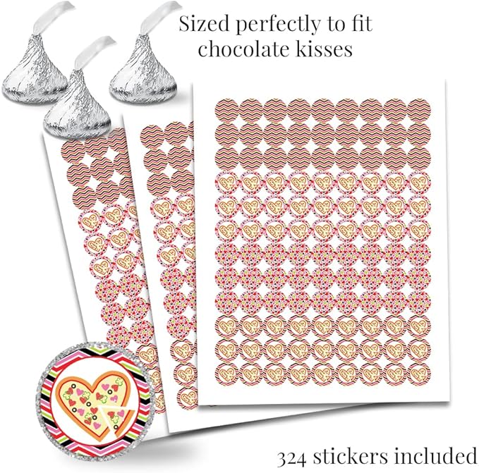 Amanda Creation Cute Heart Shaped Pizza Valentine's Day Birthday Party Sticker Bundle Kit 429 pieces! Includes 2" Circle Stickers for Favors, Mini Candy Bar Wrappers & Round Candy Kiss Stickers