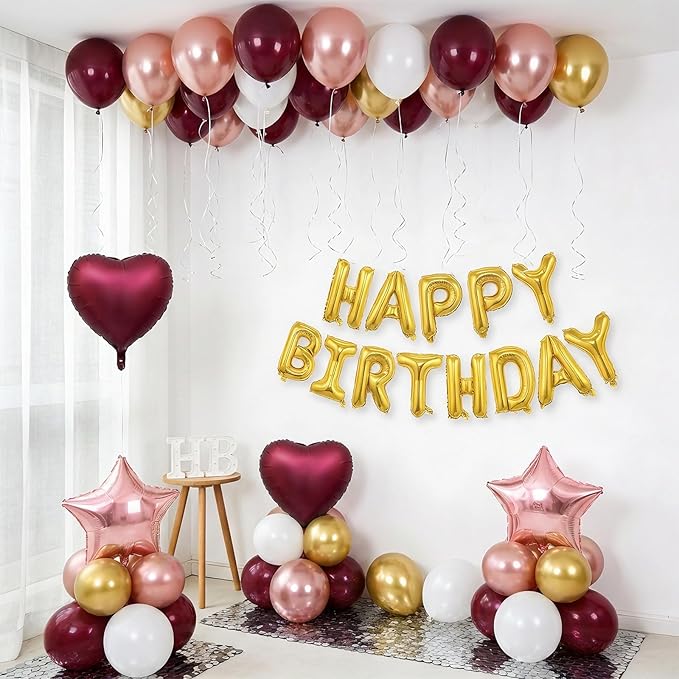Burgundy Birthday Decorations for Women Girls,Burgundy Rose Gold Balloons Gold Happy Birthdays Balloon Banner for Women Girls Adults Birthday Party Decorations
