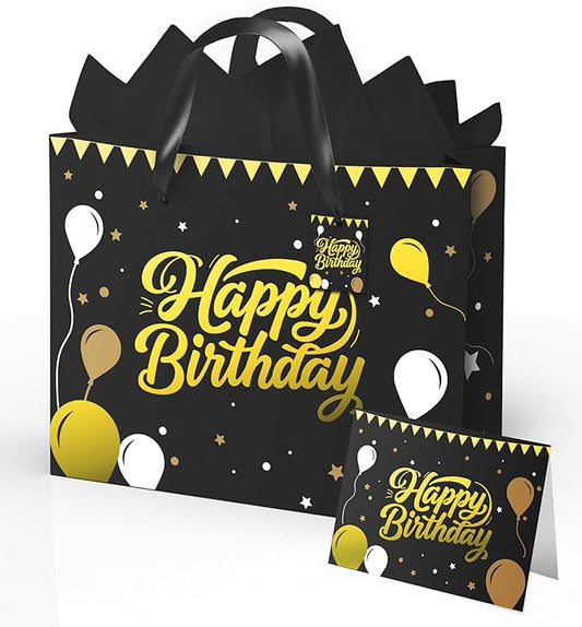 Black Birthday Gift Bag for Men – 12.5 Inch Medium Size with Tissue Paper and Greeting Card – Perfect for Boyfriend, Husband or Dad (1 Piece, Foil Stamping)