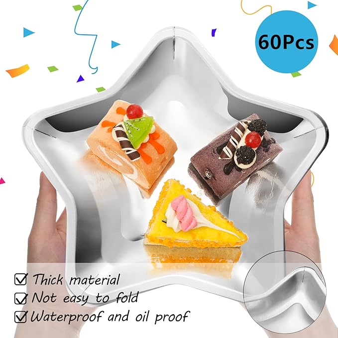 Vesici 60 Pieces Thick Star Shaped Paper Plates Disposable Party Plate Pentagram Dinnerware Decorations for Graduation Independence Day Wedding Birthday Baby Shower, 9.45 Inch(Silver)