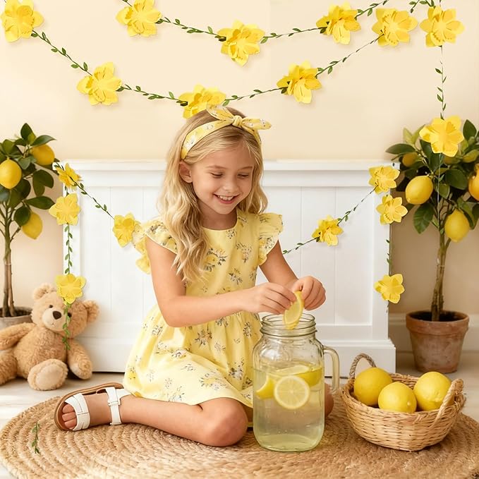 2PCS Yellow Flower Garland, Narcissus Party Decorations, Daffodil Flower Leaves Banner, Spring Wildflower Garland for Birthday Baby Shower Wedding Garden Decor