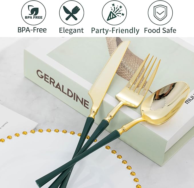 Lullaby 150pcs Gold Plastic Silverware, High End Disposable Cutlery with Dark Green Handle Include 50 Forks, 50 Spoons, 50 Knives, Elegant Silverware for Wedding, Party, Gathering and Daily Use