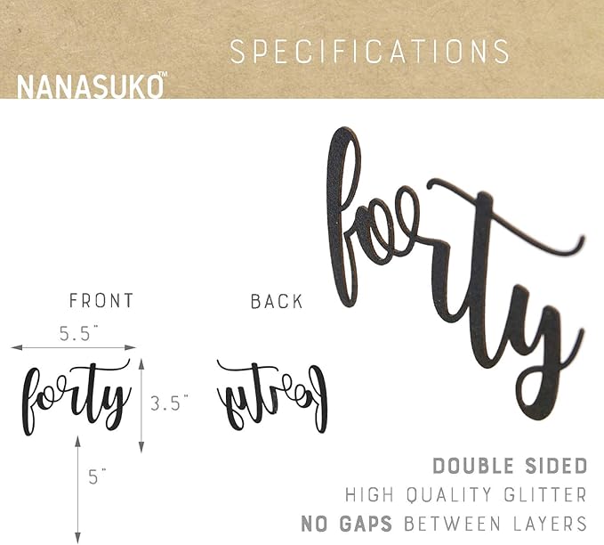 40th Birthday Cake Topper - forty - Double Sided Black glitter - Premium quality Made in USA