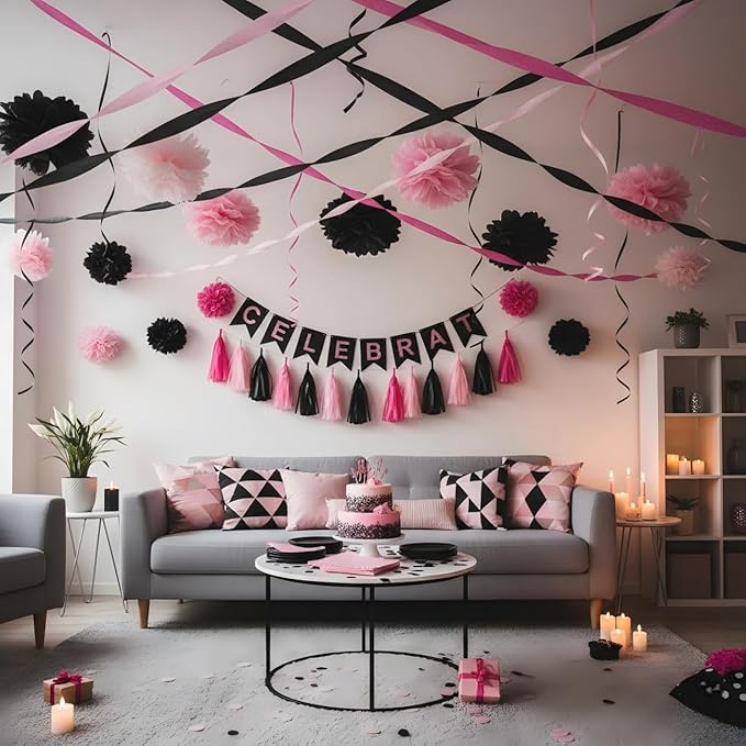 CC wonderland zone 6 Rolls Pink and Black Crepe Paper Streamers for Birthday Party Decorations