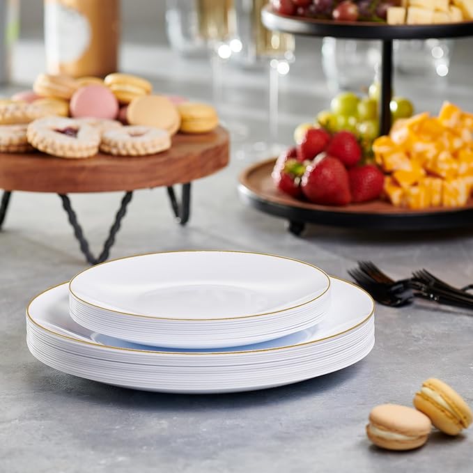 PLASTICPRO 32 Piece Combo Plates Set includes 16-7'' inch Plate & 16-10'' inch Plates White Plastic Organic Party Plate With Gold Rim, Premium heavyweight Elegant, Tableware, Dishes,