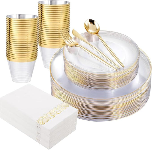 MirthMood 350Pcs Clear and Gold plates,Christmas plates, Plastic Plates for Party Include 50 Dinner,50Dessert Plate,50 Cup&50 Napkins, 150 Gold Silverware for Wedding & Party & Christmas