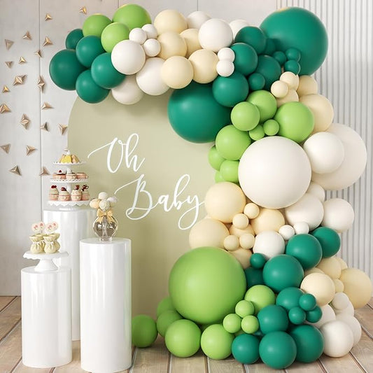 MEBAY Dusty Green White Balloon Arch Garland Kit, 166Pcs Dark Mint Green Ivory White Balloons for Birthday Baby Shower Anniversary Jungle Safari Party Decorations