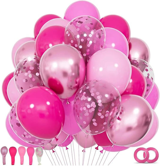 68Pcs Pink Balloons Kit 12 Inch Metallic Pink Balloon, Pink Confetti Balloon and Baby Pink Party Balloons with Ribbons for Birthday, Wedding, Baby Shower, Graduation Decorations.
