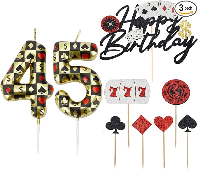 Casino Birthday Number Candles for Cake, Poker Birthday Candles for Casino Themed Birthday Party Decoration, Glitter Casino Birthday Cake Topper for Casino Night Theme Birthday Cake(Number 45 & 54)