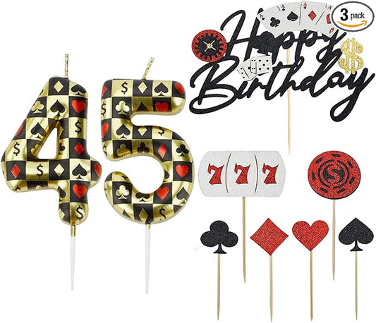 Casino Birthday Number Candles for Cake, Poker Birthday Candles for Casino Themed Birthday Party Decoration, Glitter Casino Birthday Cake Topper for Casino Night Theme Birthday Cake(Number 45 & 54)