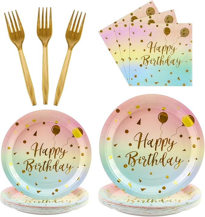 96PCS Happy Birthday Plates and Napkins Party Supplies, Colorful and Gold Disposable Paper Plates and Napkins with Forks Tableware Set for 24 Guests