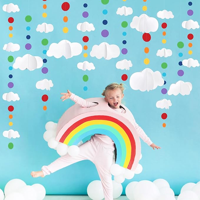 3D Cloud Decorations Rainbow Circle Dots Clouds Hanging Colorful Garland Streamer Cutout for Birthday Baby Shower Wedding Carnival Party Supplies Nursery Kids Room Classroom Ceiling Wall Art Decor