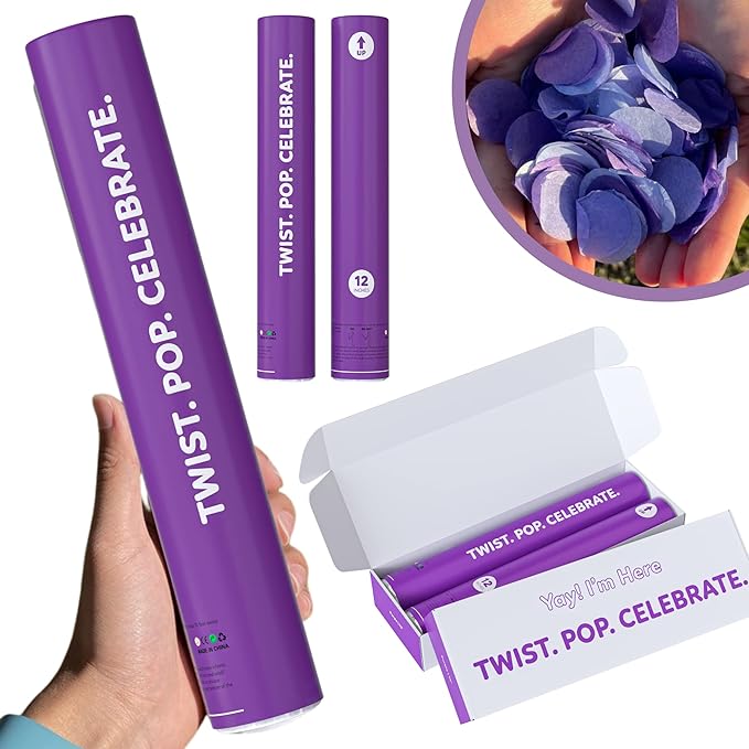 2 Pack Confetti Cannon Confetti Poppers | Biodegradable Purple Confetti | TUR Party Supplies | Launches Up to 25ft | Giant (12 in) | Party Poppers for Graduation, Birthdays, Weddings, and Memorial Day