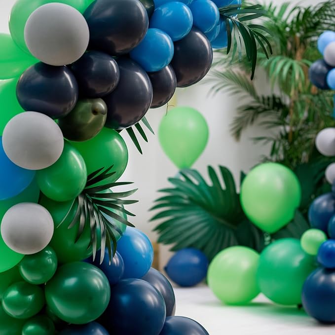 Blue and Green Balloon Garland Kit Dark Green Navy Blue Dark Blue Balloons Arch with Ribbon for Boy Girl Jungle Theme Party Birthday Baby Shower Wedding Graduation Anniversary Background Decorations