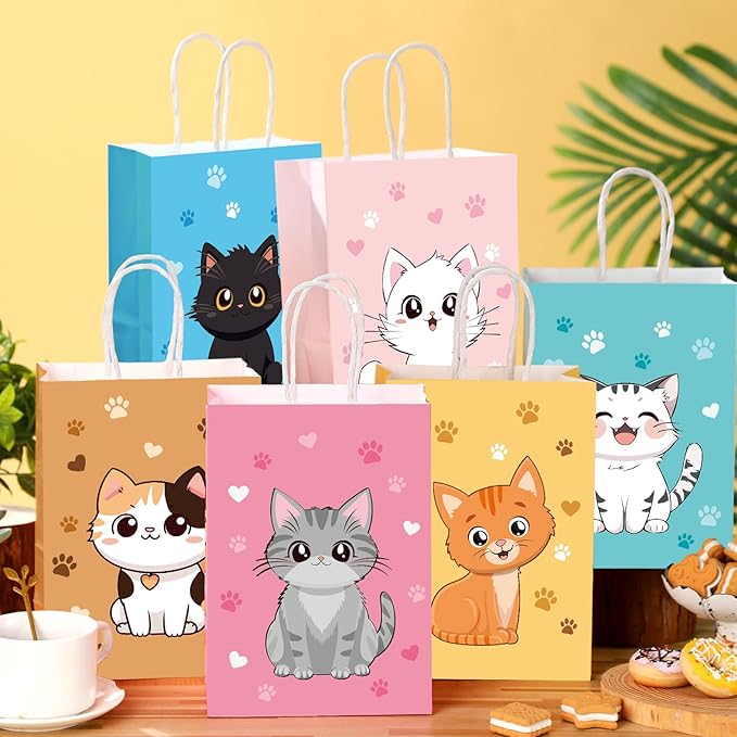 Zhanmai 48 Pcs Cat Birthday Party Favors Bags Bulk for Goodie Gifts Cute Kitty Candy Treat Paper Bags with Handles for Kitten Birthday Party Decoration Supplies Pet Adoption