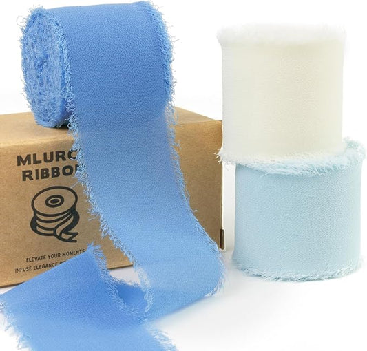 Blue Chiffon Ribbon 1.5 Inch x 21Yds Handmade Fringe Chiffon Silk Ribbon Blue & Cream Frayed Chiffon Ribbon for Baby Shower Wedding Invitation Flower Bouquets Gift Wrapping