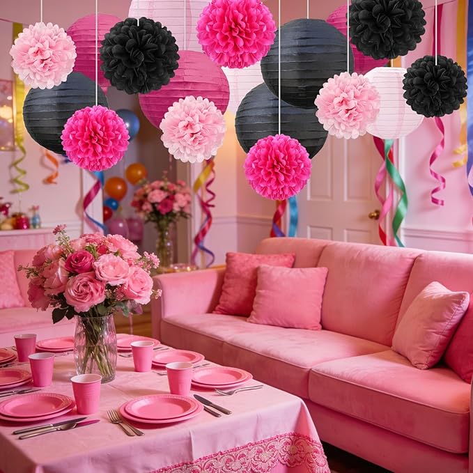 18 PCS Black Pink Paper Lanterns & Tissue Paper Pom Poms for Girls Birthday, Baby Shower, Wedding, Bridal Shower, Hanging Paper Decor for Indoor Outdoor Events Party Supplies