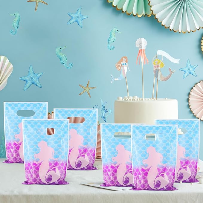Hxezoc 50 Pieces Mermaid Goodie Bags Cute Candy Bag Plastic Treat Bags Mermaid Gift Wrap with Handles Party Favor Bags For Girls Birthday Party Decoration Supplies