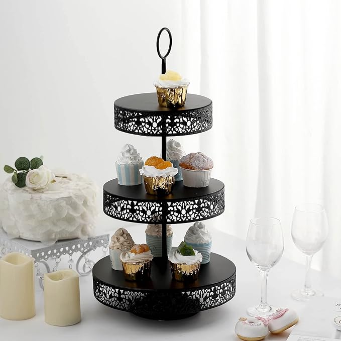 Efavormart 23" Black Metal Reversible Tiered Cupcake Stand, 3 Tier Dessert Stand Cupcake Holder, Display Stand
