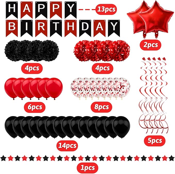 Black and Red Birthday Decorations - Happy Birthday Banner for Boys Girls Men Women Party Supplies